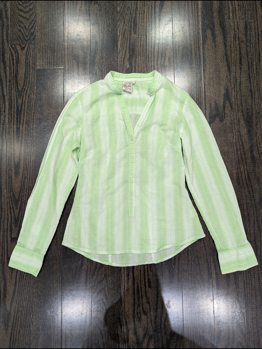 5/$35 Ten & Co Green White Striped Cotton Henley Blouse Size S